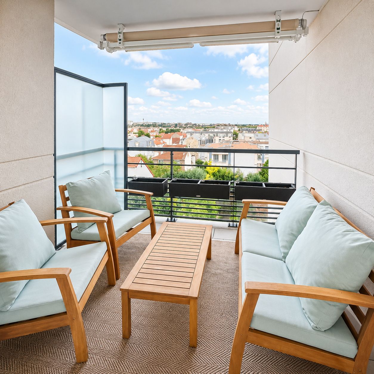 Balcon aménagé avec salon extérieur et vue dégagée sur Le Perreux-sur-Marne